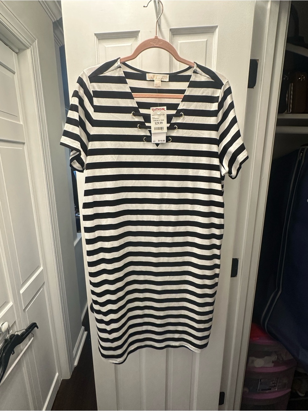 MICHAEL Michael Kors Black and White Striped Lace-Up Shift Dress NWT